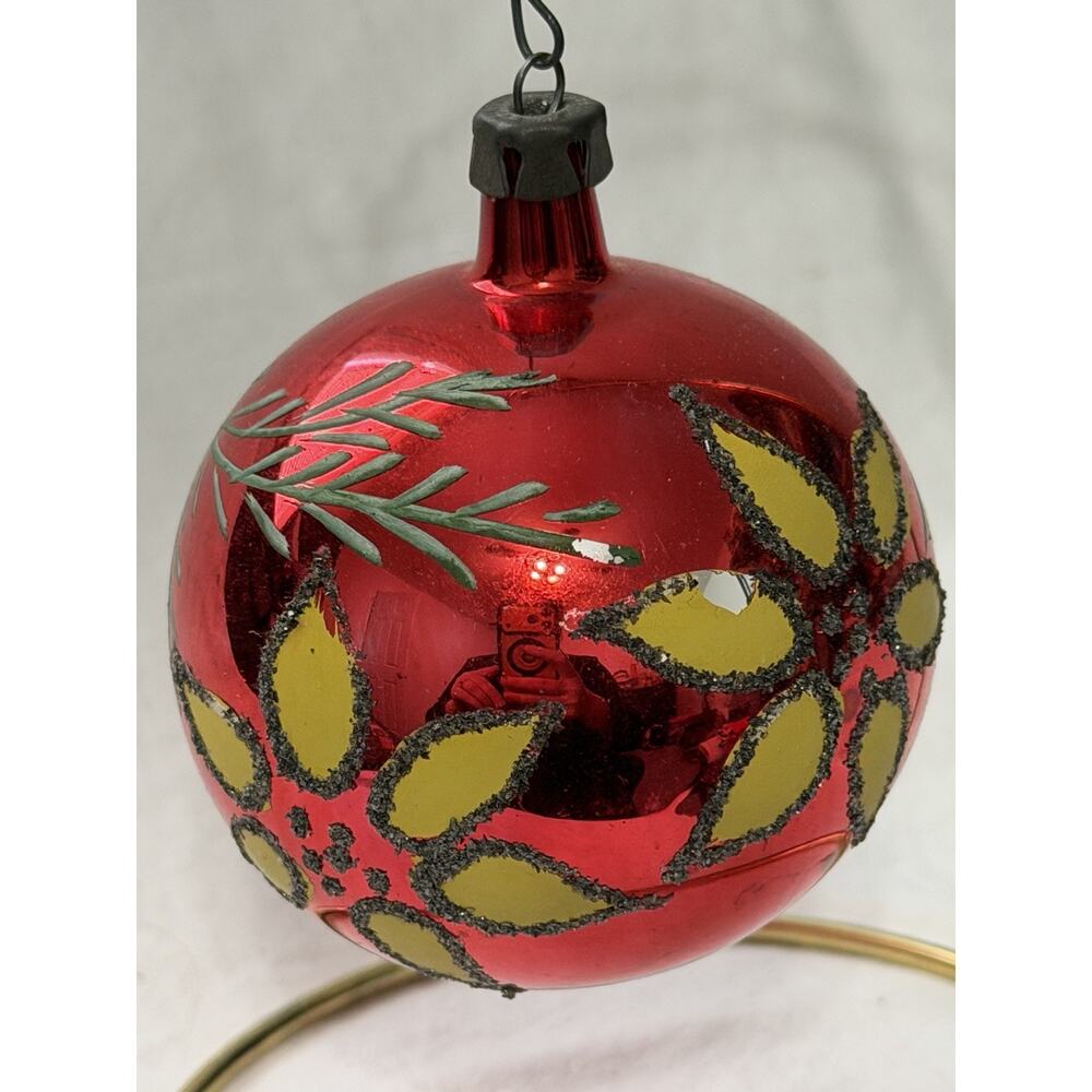 Vintage Fantasia Poland Hand Painted Red Floral Christmas Tree Ornament 2.75”